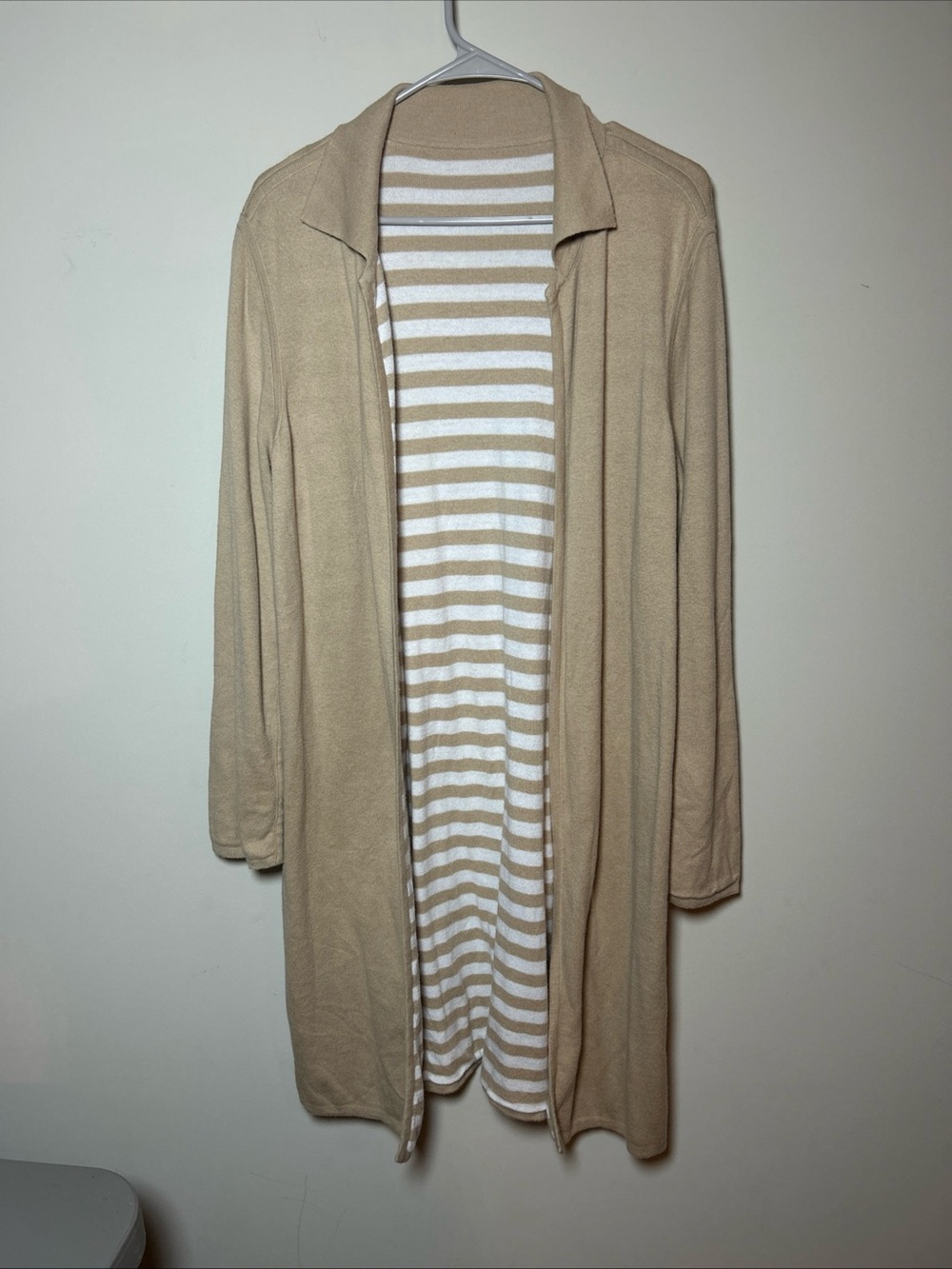 Chico’s Beige Open-Front Long Cardigan Reversible Striped Other side